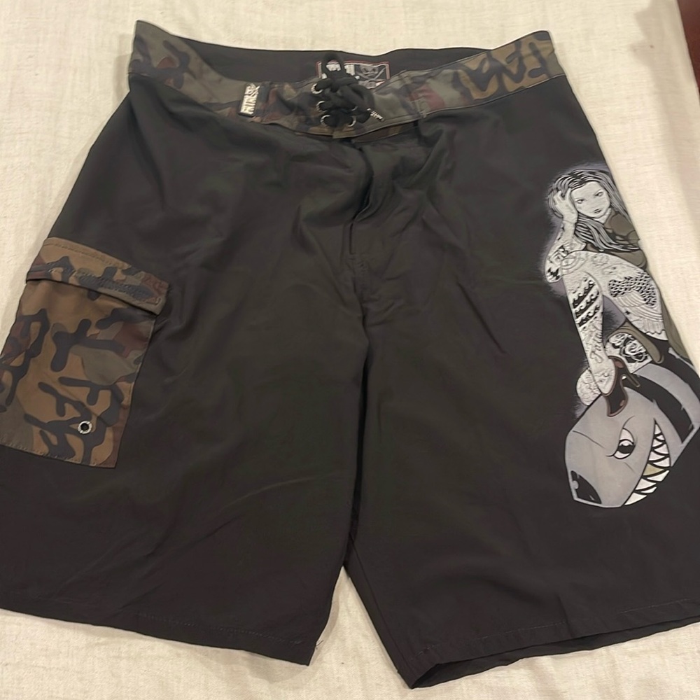 B0652 Girl on a Bomb Fatal Brand Rare Board Shorts  Swim Trunks size Extra Large